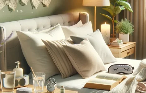 Schlafzimmer mit Lavendel, einem Buch, einer Schlafmaske und einem Glas Wasser.