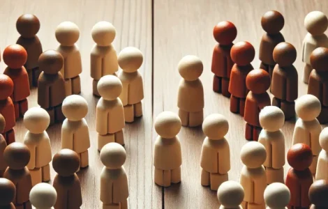Holzfiguren, die in zwei Gruppen stehen. Sinnbild für einen Konflikt.