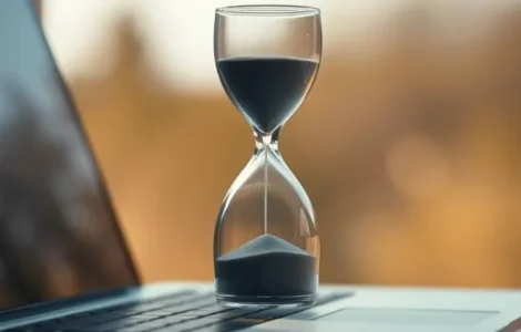 Sanduhr, die auf einem Laptop steht.