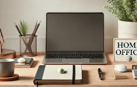 Aufgeräumter Schreibtisch mit einem "Home Office" Schild.
